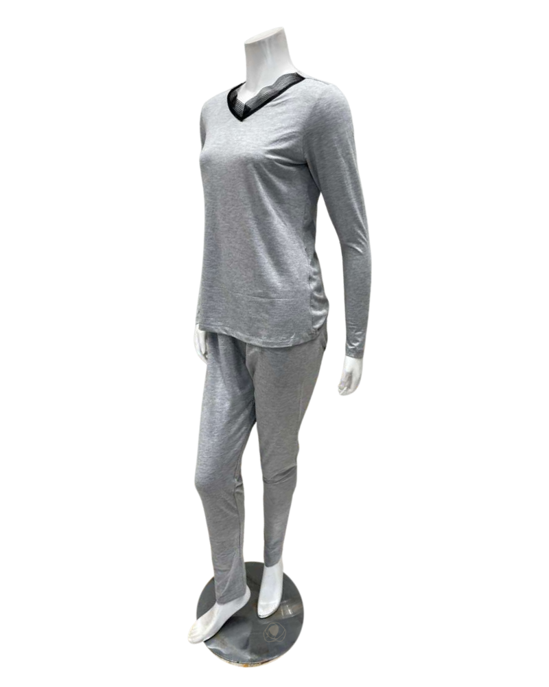 Jackie O'Loungewear Grey V Neck Long Sleeve Modal Pajamas Set Myselflingerie.com