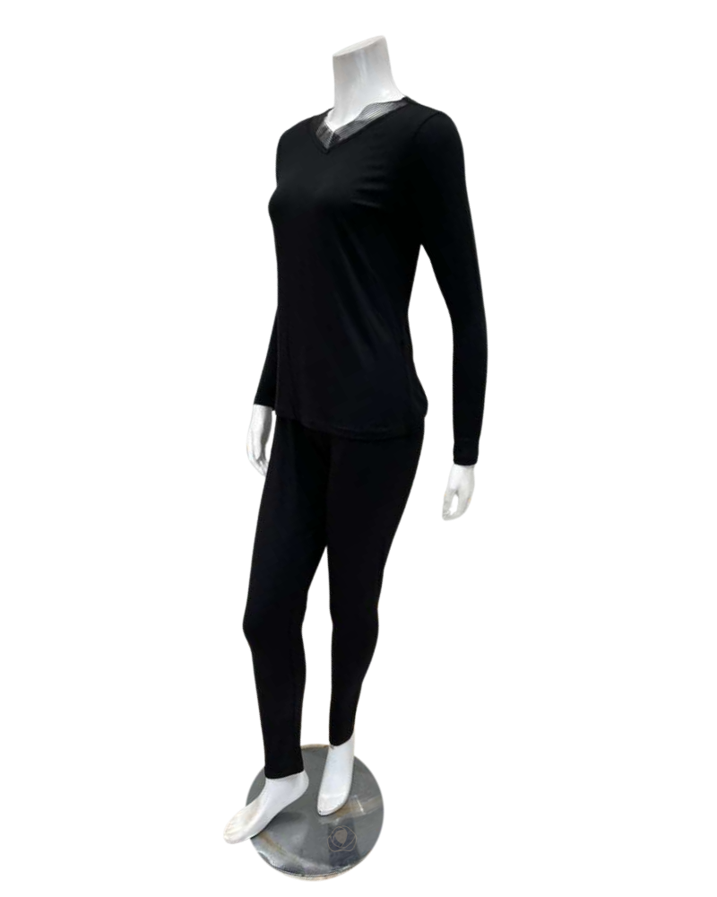 Jackie O'Loungewear Black V Neck Long Sleeve Modal Pajamas Set Myselflingerie.com