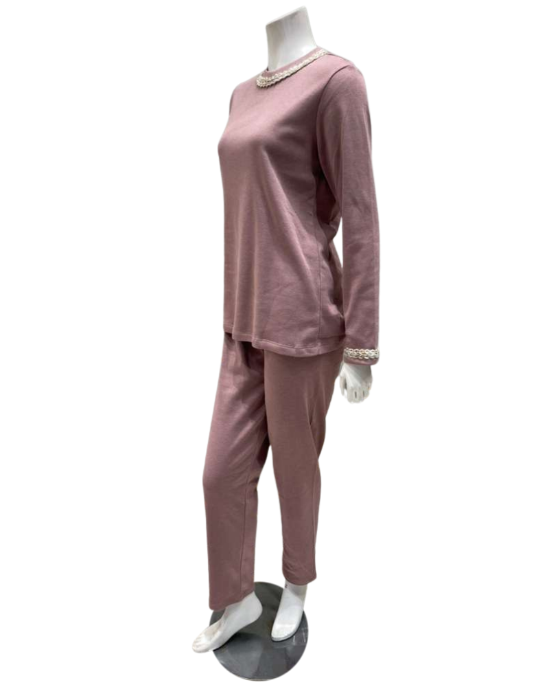 Iora Lingerie 25515 Dusty Pink Braided Trim Fleece Lined Pajamas Set Myselflingerie.com