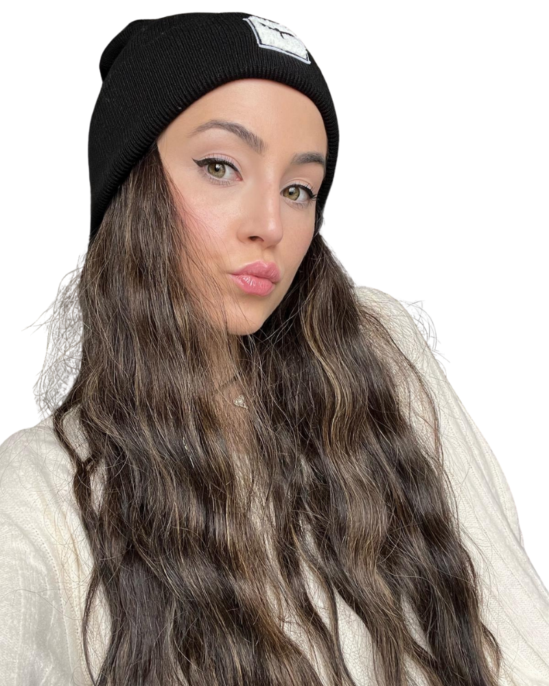 Tal New York TSLBW The Sherpa Logo Black with White Logo Beanie Myselflingerie.com