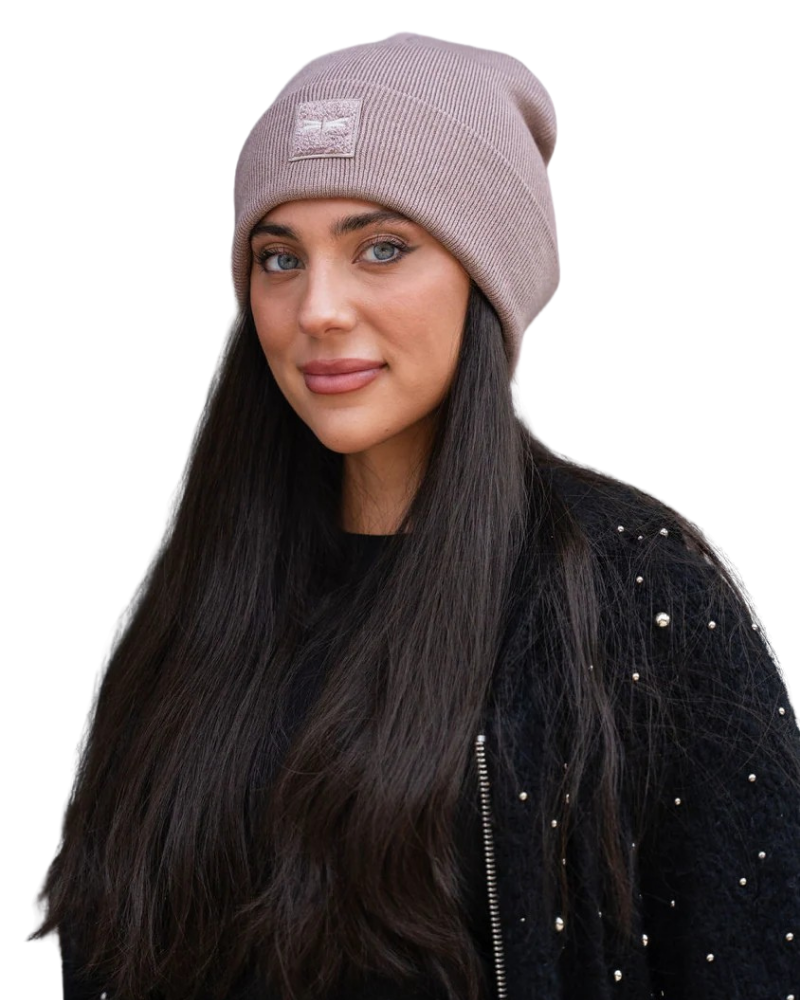 Tal New York TSLT The Sherpa Logo Taupe Beanie Myselflingerie.com