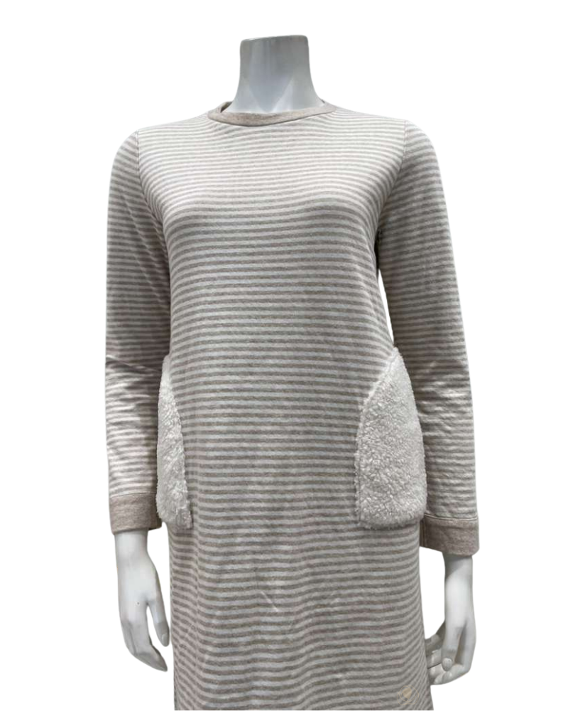 Iora Lingerie Beige/White Striped Sherpa Pockets 100% Cotton Nightshirt