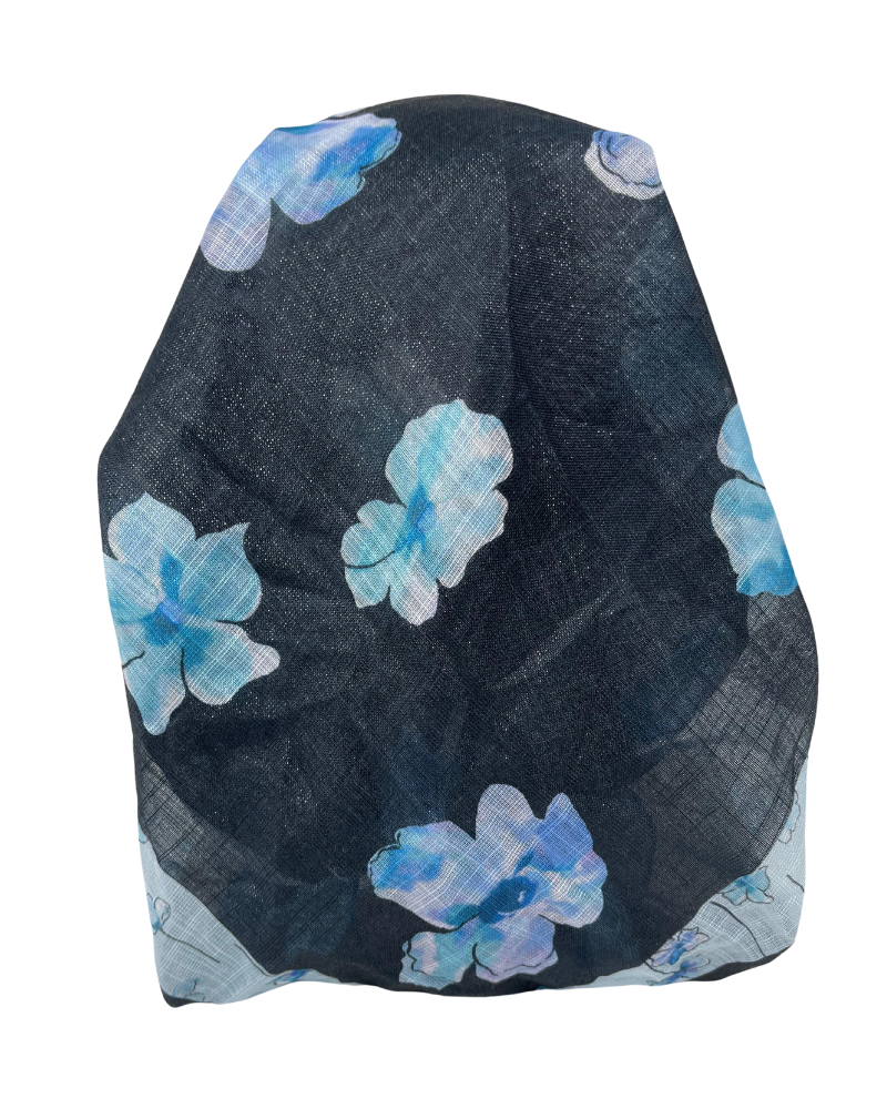 It's Younique OB-FLOW-BK Blue Flower Print on Black Shimmer Pre-Tied Open Back Bandanna with Velvet Grip Myselflingerie.com
