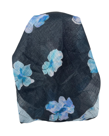 It's Younique OB-FLOW-BK Blue Flower Print on Black Shimmer Pre-Tied Open Back Bandanna with Velvet Grip Myselflingerie.com