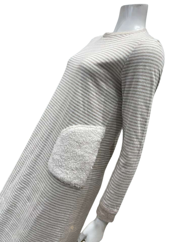Iora Lingerie Beige/White Striped Sherpa Pockets 100% Cotton Nightshirt