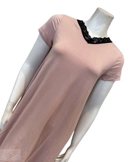 Jackie O'Loungewear NS-S/S-PNK Pink V Neck Lace Short Sleeves Modal Nightshirt Myselflingerie.com