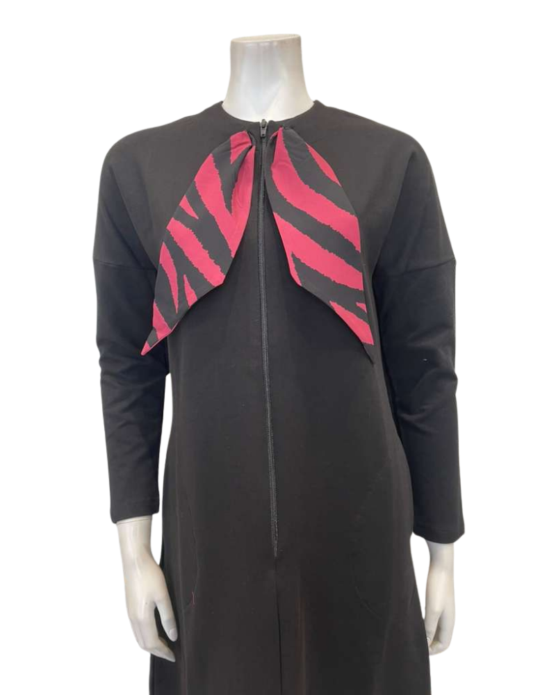 Chicolli LR6091 Black Scarf Front Zip Morning Robe Lounger Myselflingerie.com