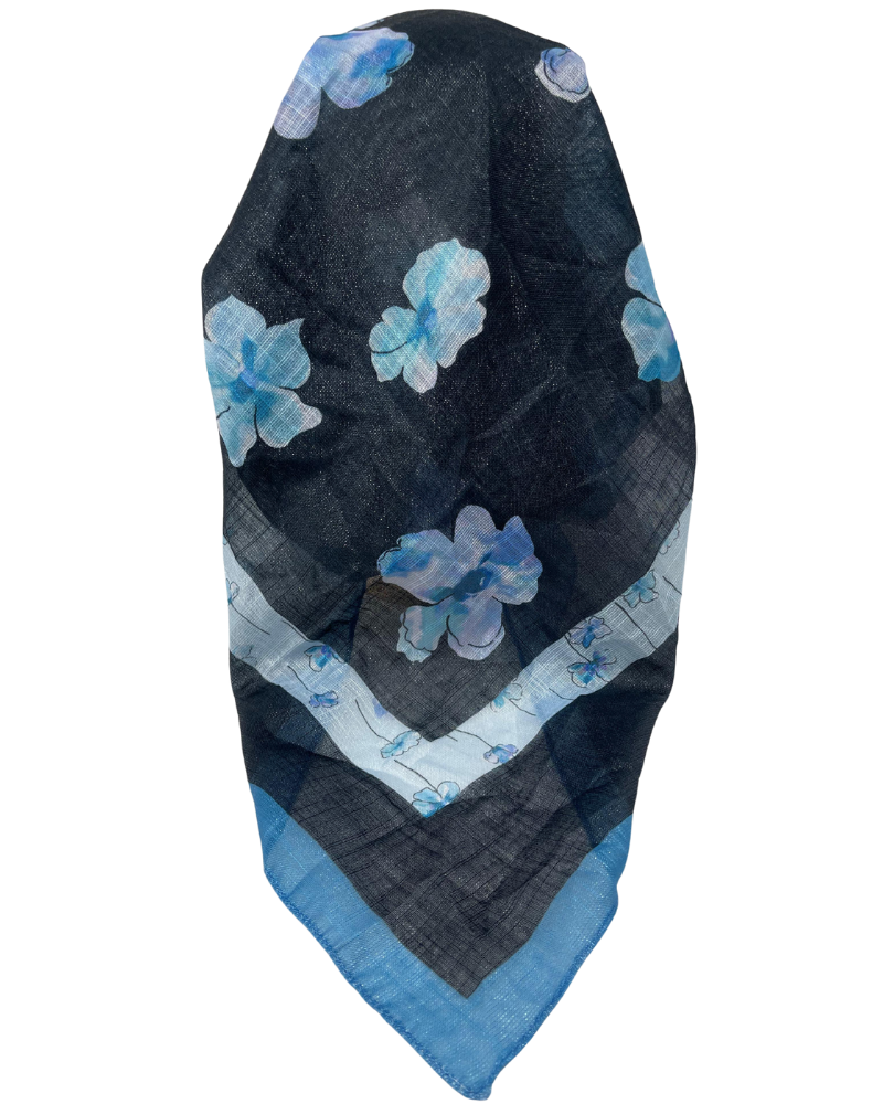 It's Younique OB-FLOW-BK Blue Flower Print on Black Shimmer Pre-Tied Open Back Bandanna with Velvet Grip Myselflingerie.com