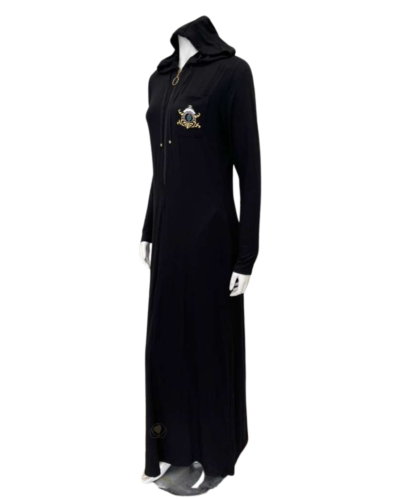 Sparrow Black with Royal Embroidery Zip Up Jersey Lounger Morning Robe Myselflingerie.com
