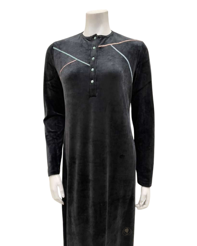 Pen-ky Black Velour Topstitch Button Down Nightgown