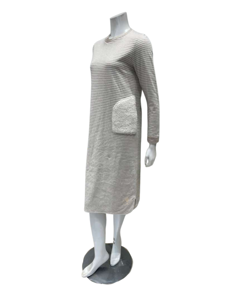 Iora Lingerie Beige/White Striped Sherpa Pockets 100% Cotton Nightshirt