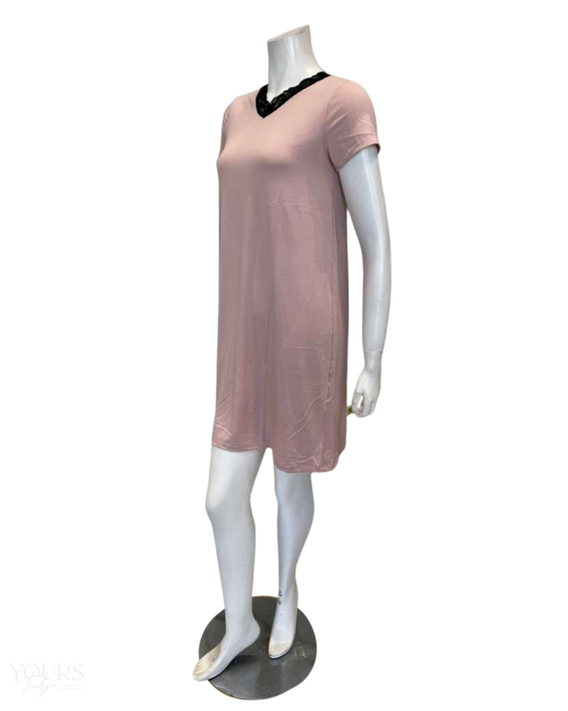 Jackie O'Loungewear NS-S/S-PNK Pink V Neck Lace Short Sleeves Modal Nightshirt Myselflingerie.com
