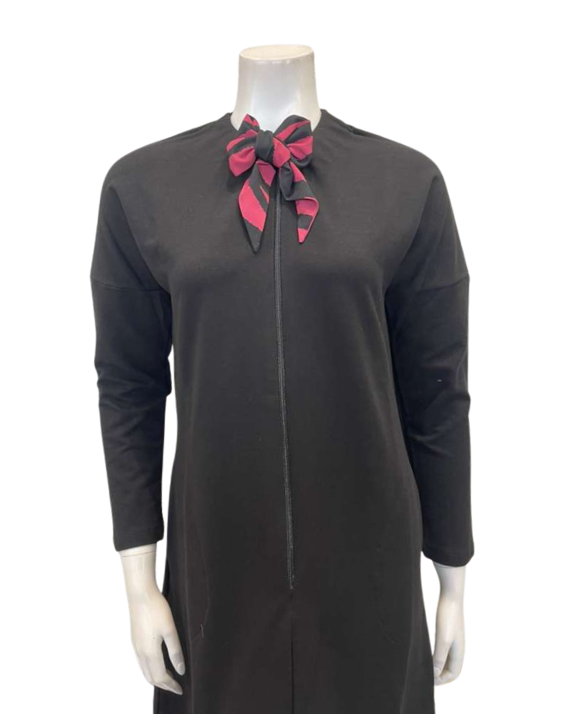 Chicolli LR6091 Black Scarf Front Zip Morning Robe Lounger Myselflingerie.com