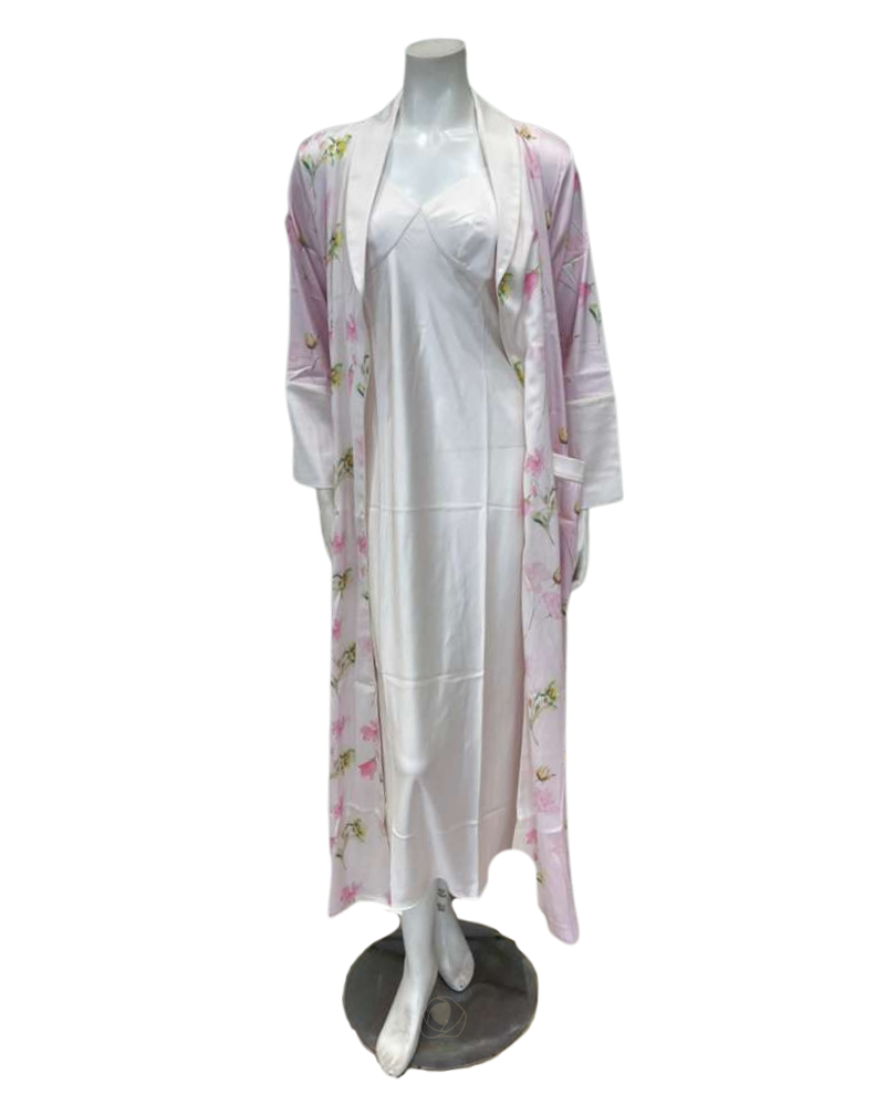 Isayes Lingerie 300347 + 180157 Pink Floral Print Poly Silk Gown & Robe Set Myselflingerie.com