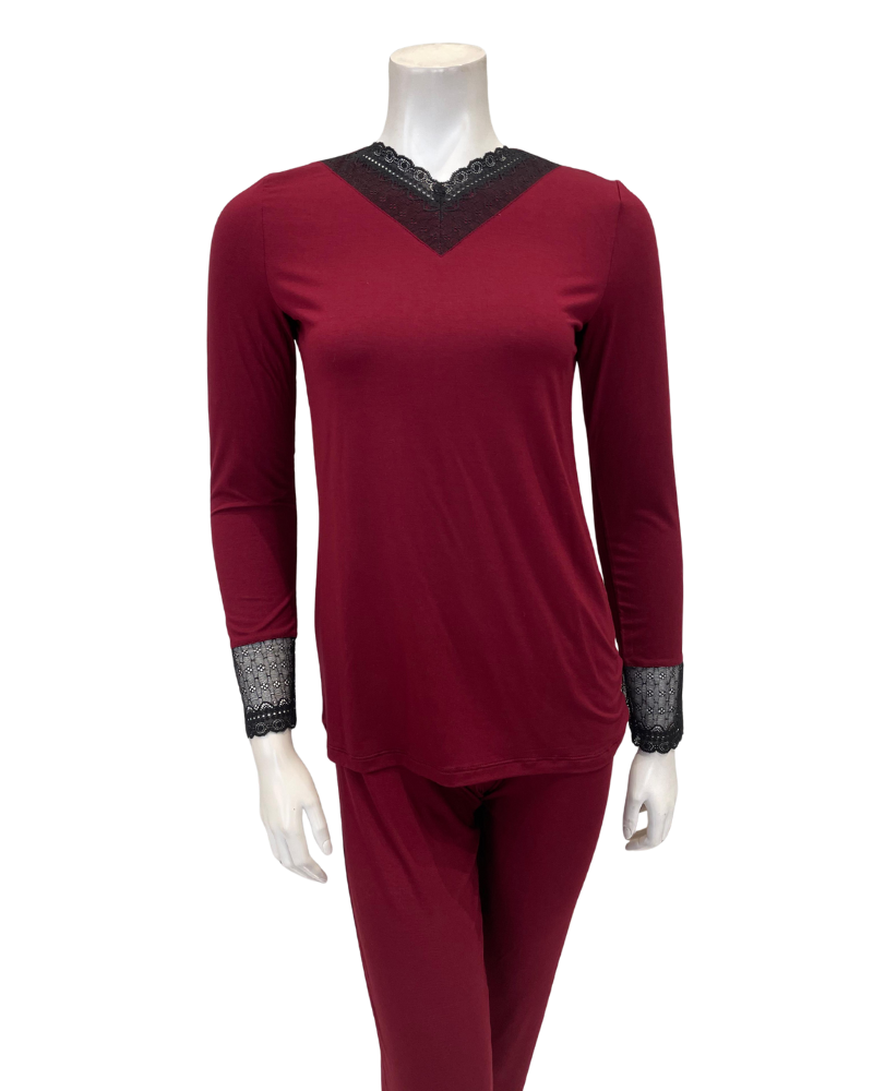 Oh! Zuza M4141 Red Wine Swirl Design Lace V Neck Modal Pajamas Set Myselflingerie.com