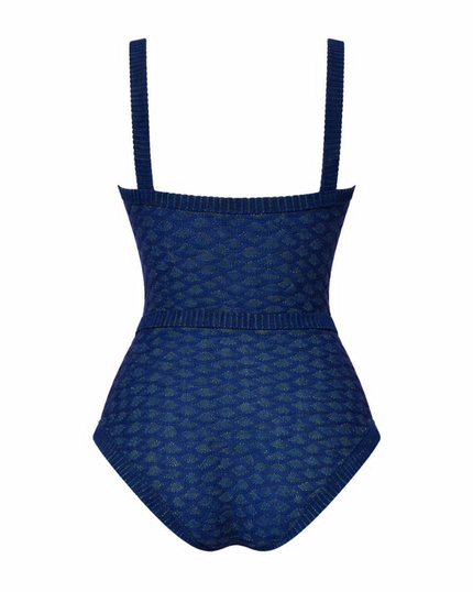Gottex 26SU115 Navy/Turquoise Scaled Up Knit Square Neck Swimsuit Myselflingerie.com