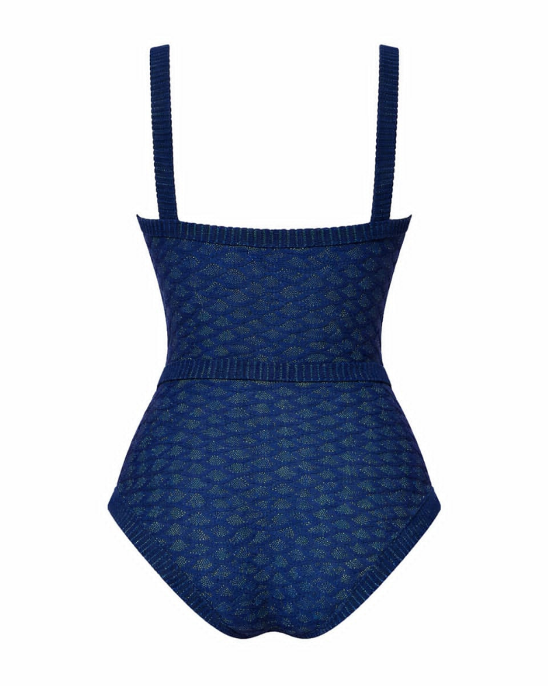 Gottex 26SU115 Navy/Turquoise Scaled Up Knit Square Neck Swimsuit Myselflingerie.com