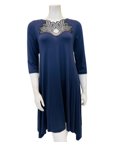 Oh! Zuza OZ246 Midnight Blue Flared Modal Nightshirt with Black Lace Neckline Myselflingerie.com