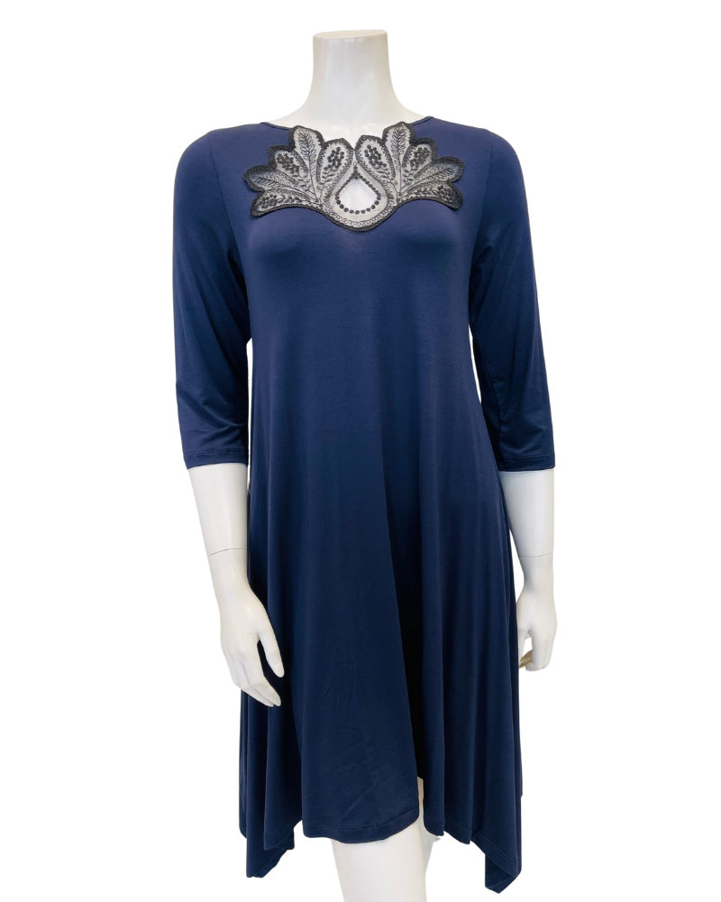 Oh! Zuza OZ246 Midnight Blue Flared Modal Nightshirt with Black Lace Neckline Myselflingerie.com