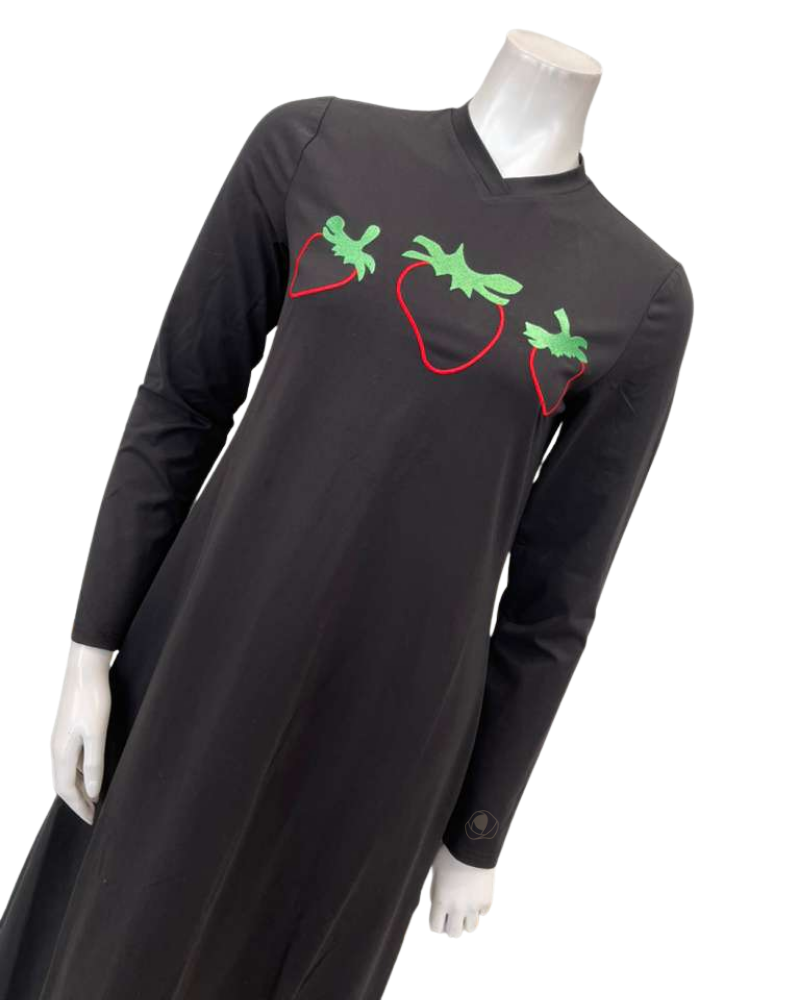 Angelice Black Strawberry Design V Neck Pull On Cotton Blend Teen Nightgown Myselflingerie.com
