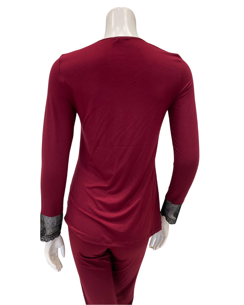 Oh! Zuza M4141 Red Wine Swirl Design Lace V Neck Modal Pajamas Set Myselflingerie.com