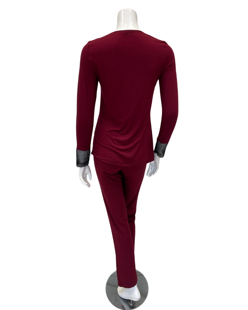 Oh! Zuza M4141 Red Wine Swirl Design Lace V Neck Modal Pajamas Set Myselflingerie.com