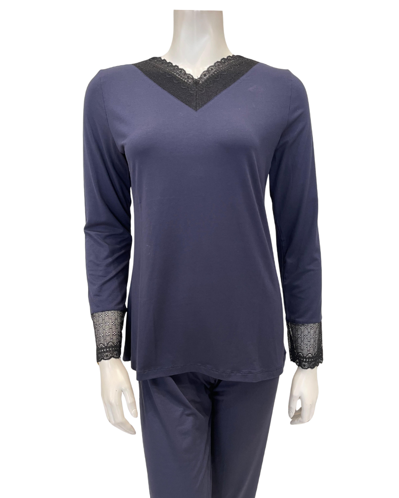 Oh! Zuza M4141 Midnight Blue Swirl Design Lace V Neck Modal Pajamas Set Myselflingerie.com