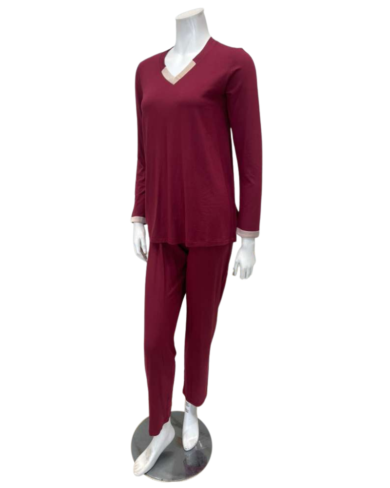 Iora Lingerie 25510 Burgundy V Neck Satin Trim Modal Pajamas Set Myselflingerie.com