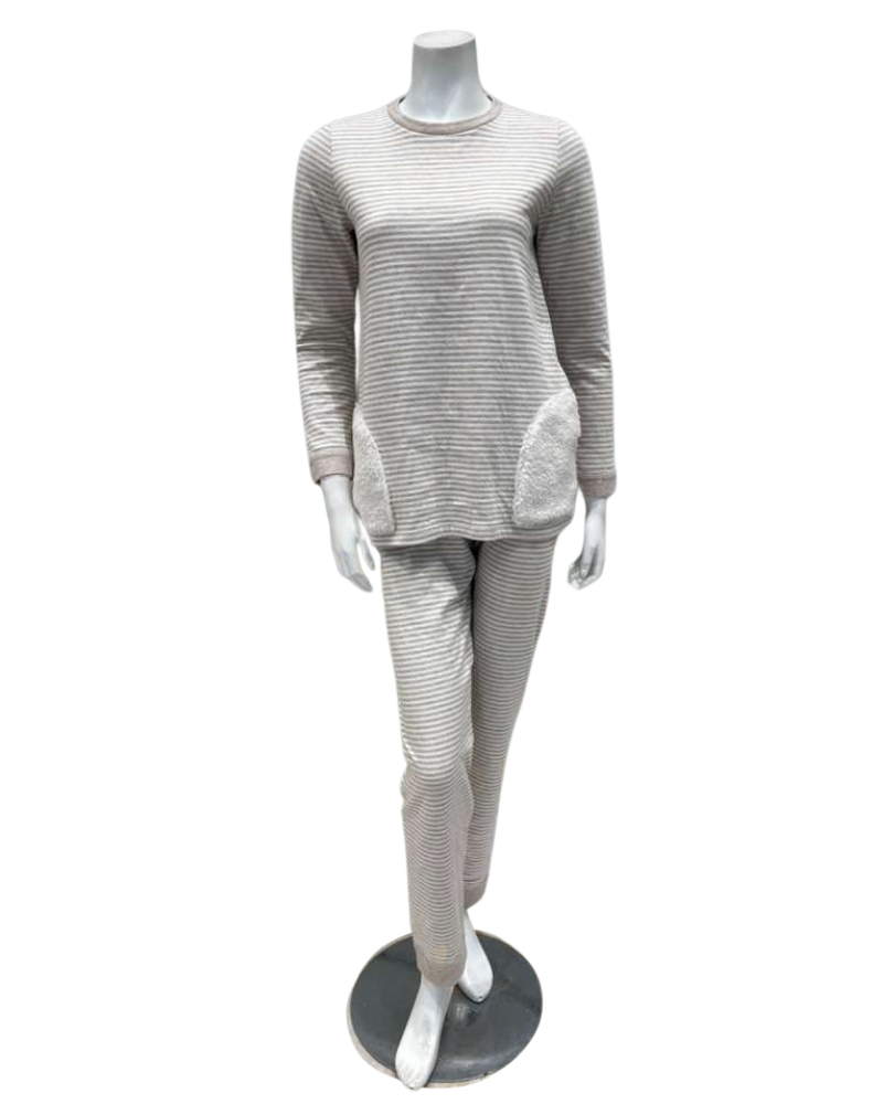 Iora Lingerie Beige/White Striped Sherpa Pockets 100% Cotton Pajamas Set