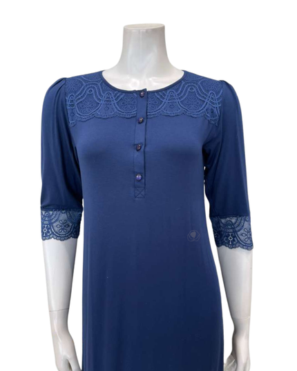 Vanilla Night and Day B49 Marine Blue Lace Button Down Modal Nightshirt Myselflingerie.com