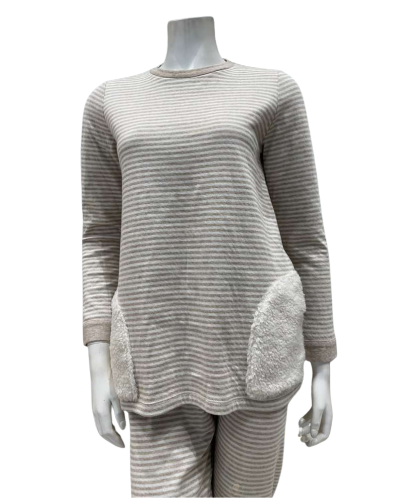 Iora Lingerie Beige/White Striped Sherpa Pockets 100% Cotton Pajamas Set