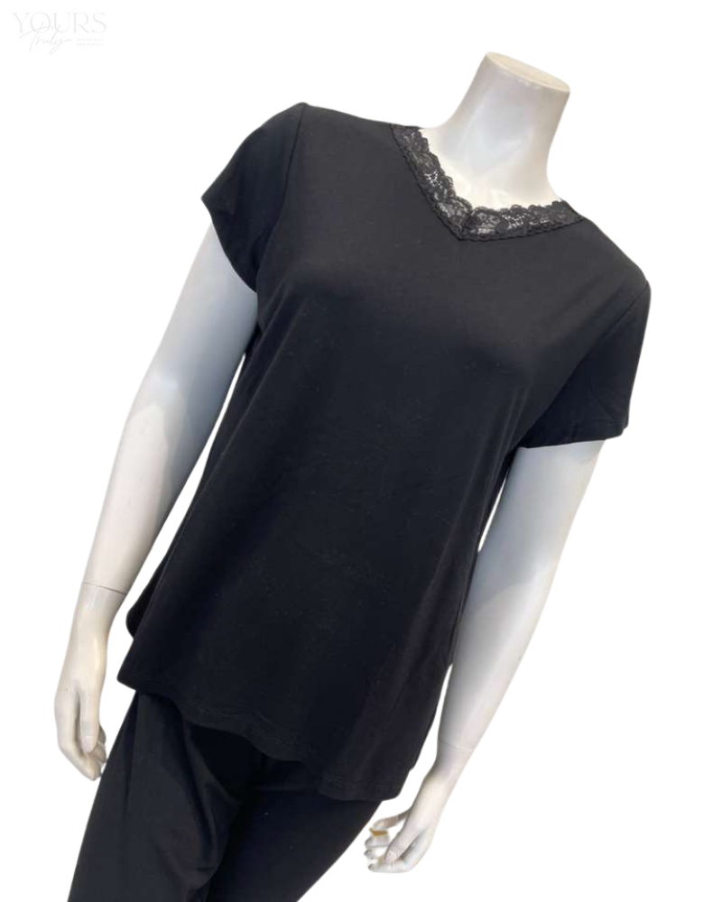 Jackie O'Loungewear VPJ-S/S-BLK Black Short Sleeve V Neck Modal Pajamas Set Myselflingerie.com