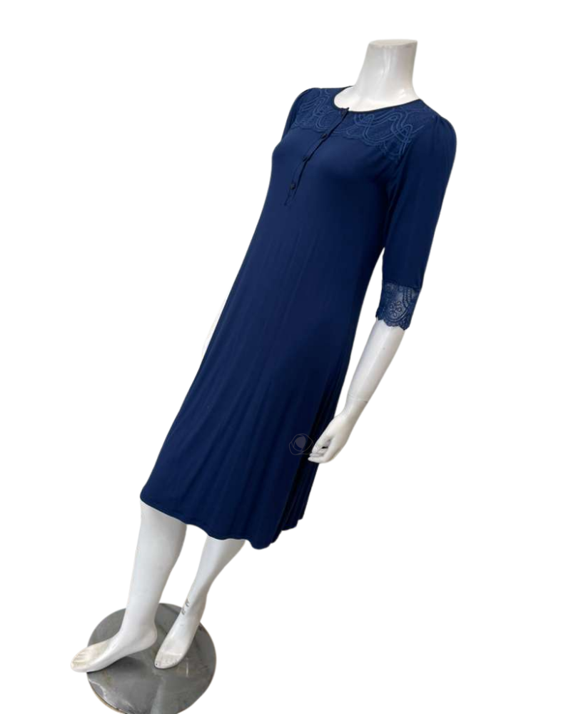 Vanilla Night and Day B49 Marine Blue Lace Button Down Modal Nightshirt Myselflingerie.com