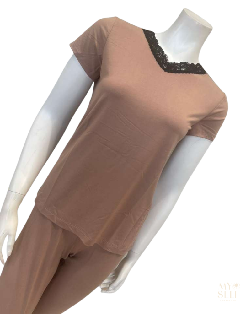 Jackie O'Loungewear VPJ-S/S-TAN Tan Short Sleeve V Neck Modal Pajamas Set Myselflingerie.com