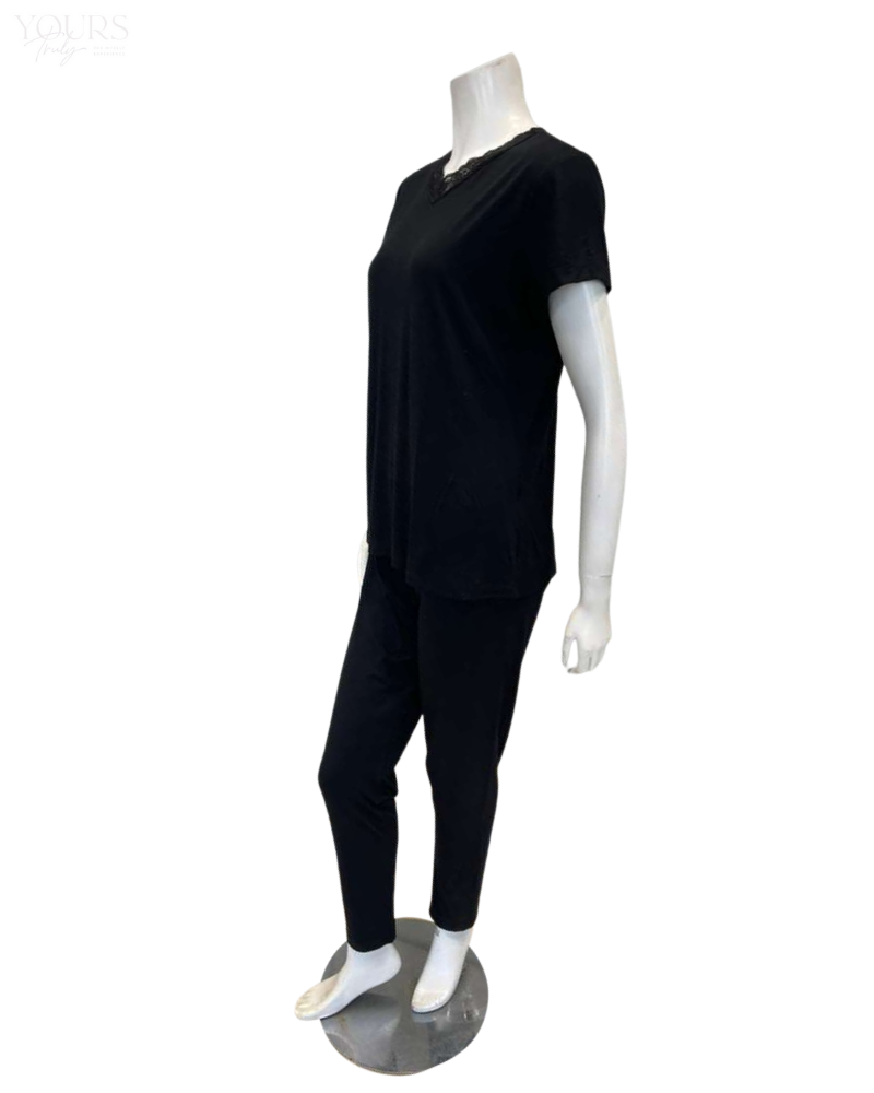 Jackie O'Loungewear VPJ-S/S-BLK Black Short Sleeve V Neck Modal Pajamas Set Myselflingerie.com