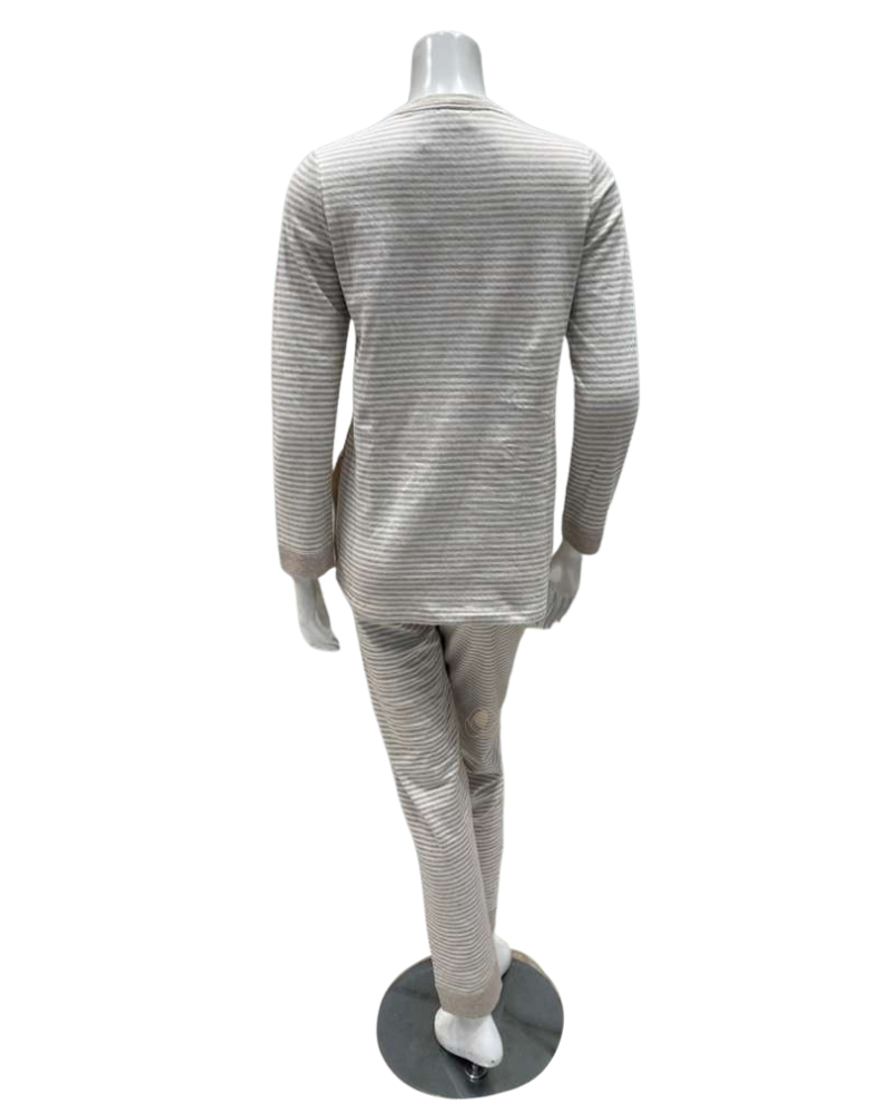 Iora Lingerie Beige/White Striped Sherpa Pockets 100% Cotton Pajamas Set