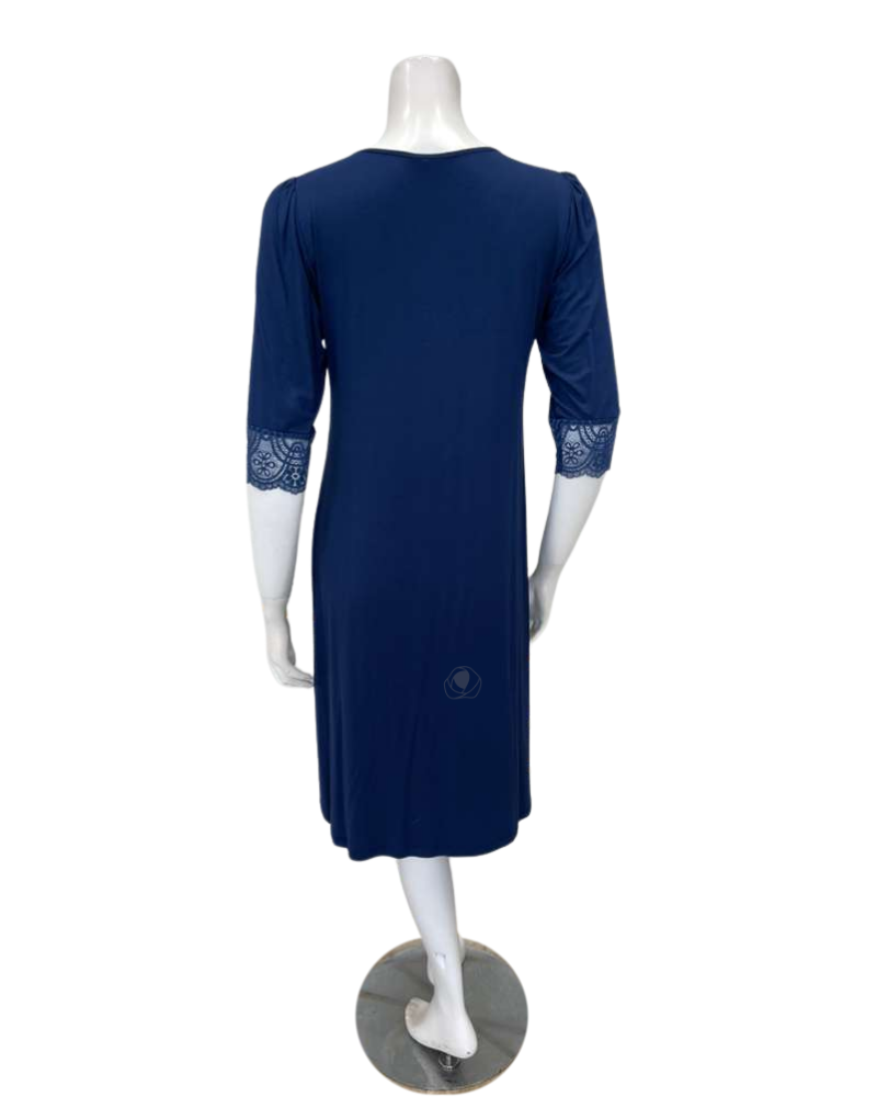 Vanilla Night and Day B49 Marine Blue Lace Button Down Modal Nightshirt Myselflingerie.com