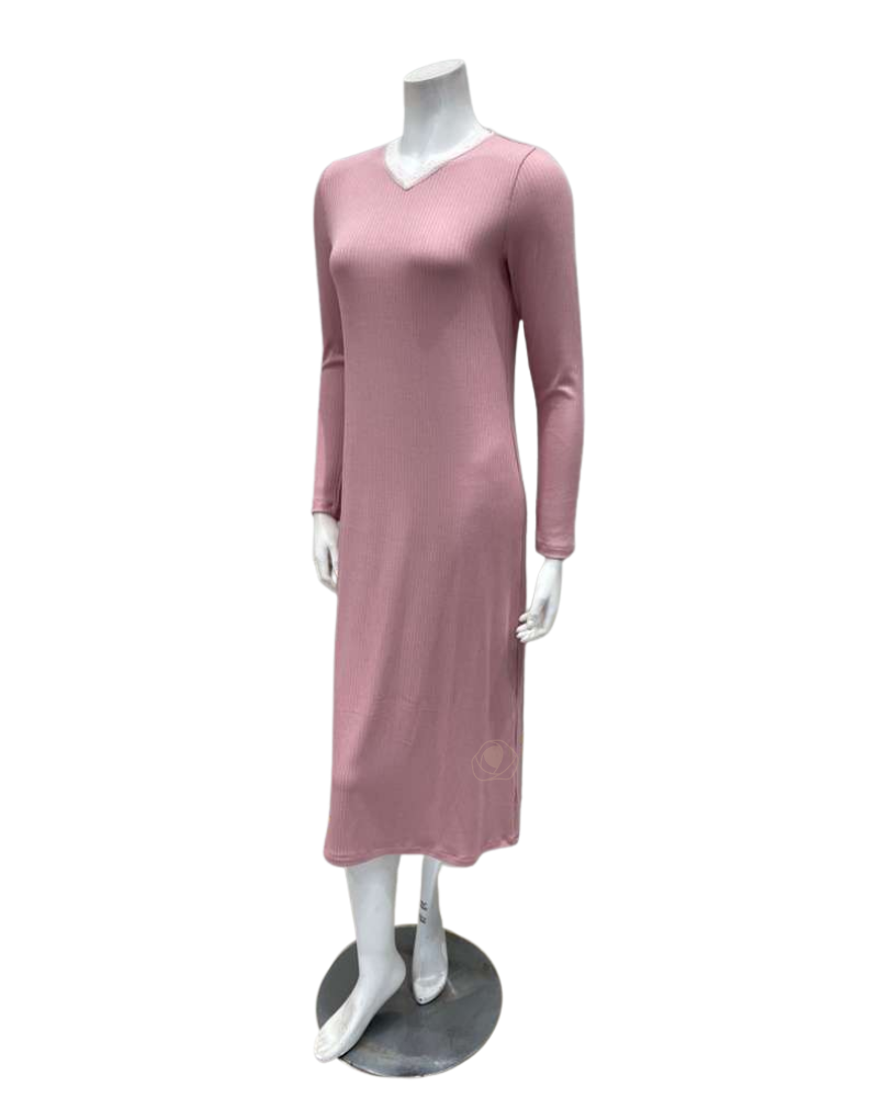 Oh! Zuza V2 Antique Rose Ribbed Lace V Neck Rosie Modal Nightshirt Myselflingerie.com