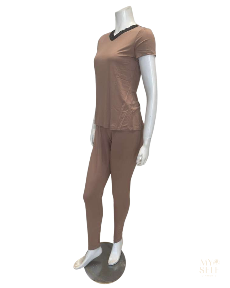 Jackie O'Loungewear VPJ-S/S-TAN Tan Short Sleeve V Neck Modal Pajamas Set Myselflingerie.com