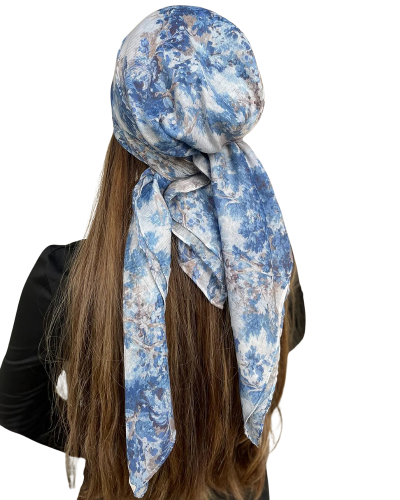 Scarf Bar Whimsical Blue Garden Square Scarf with Invisible Grip Myselflingerie.com