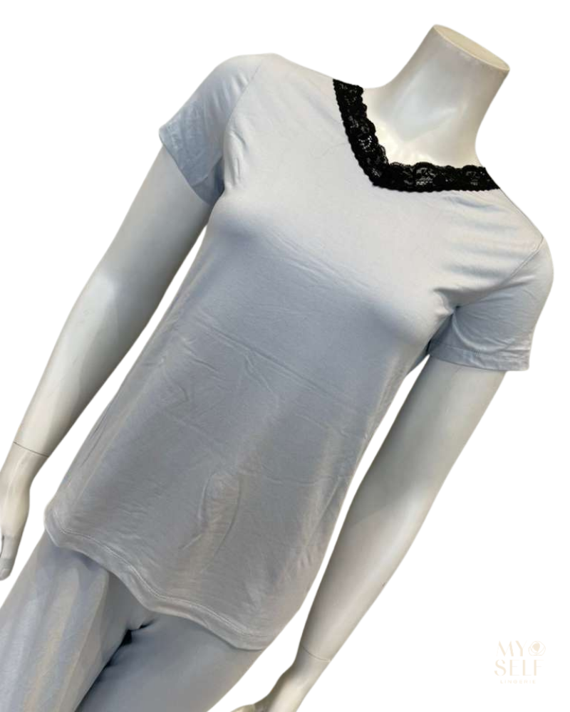 Jackie O'Loungewear VPJ-S/S-LTB Light Blue Short Sleeve V Neck Modal Pajamas Set Myselflingerie.com