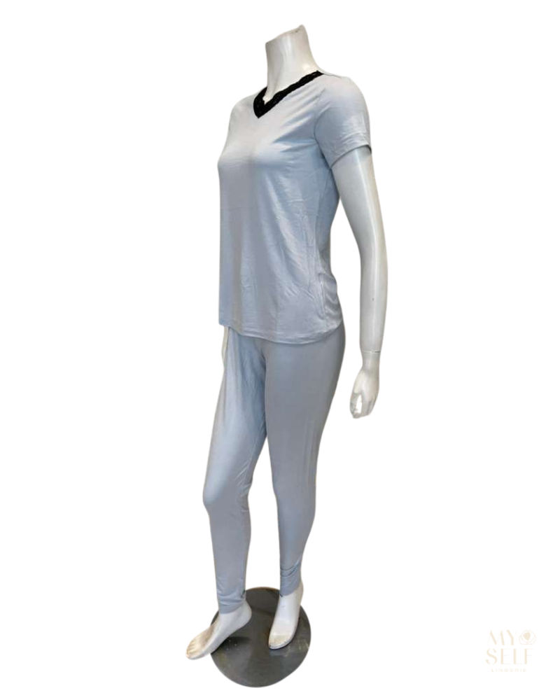Jackie O'Loungewear VPJ-S/S-LTB Light Blue Short Sleeve V Neck Modal Pajamas Set Myselflingerie.com