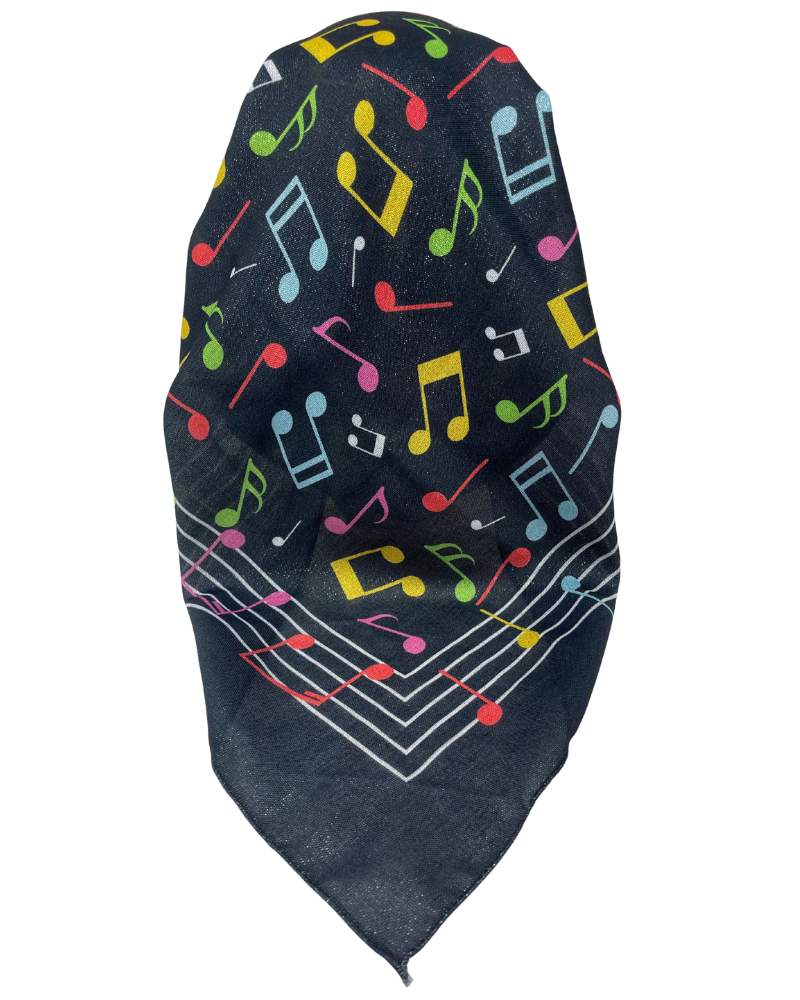 It's Younique OB-BLK-MED Musical Medley Print Black Shimmer Pre-Tied Open Back Bandanna with Velvet Grip Myselflingerie.com