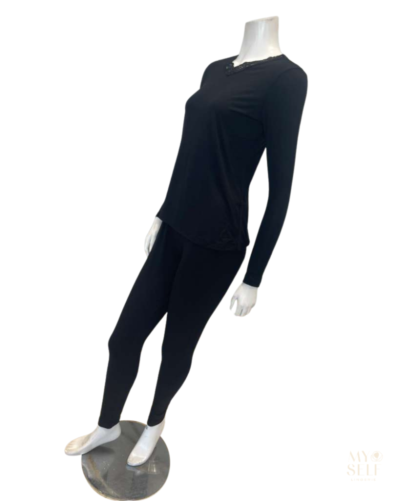 Jackie O'Loungewear VPJ-L/S-BLK Black V Neck Long Sleeve Modal Pajamas Set Myselflingerie.com