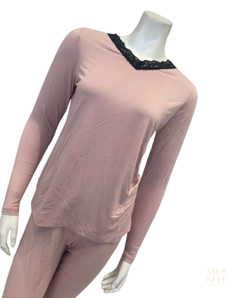 Jackie O'Loungewear VPJ-L/S-PNK PINK V Neck Long Sleeve Modal Pajamas Set Myselflingerie.com
