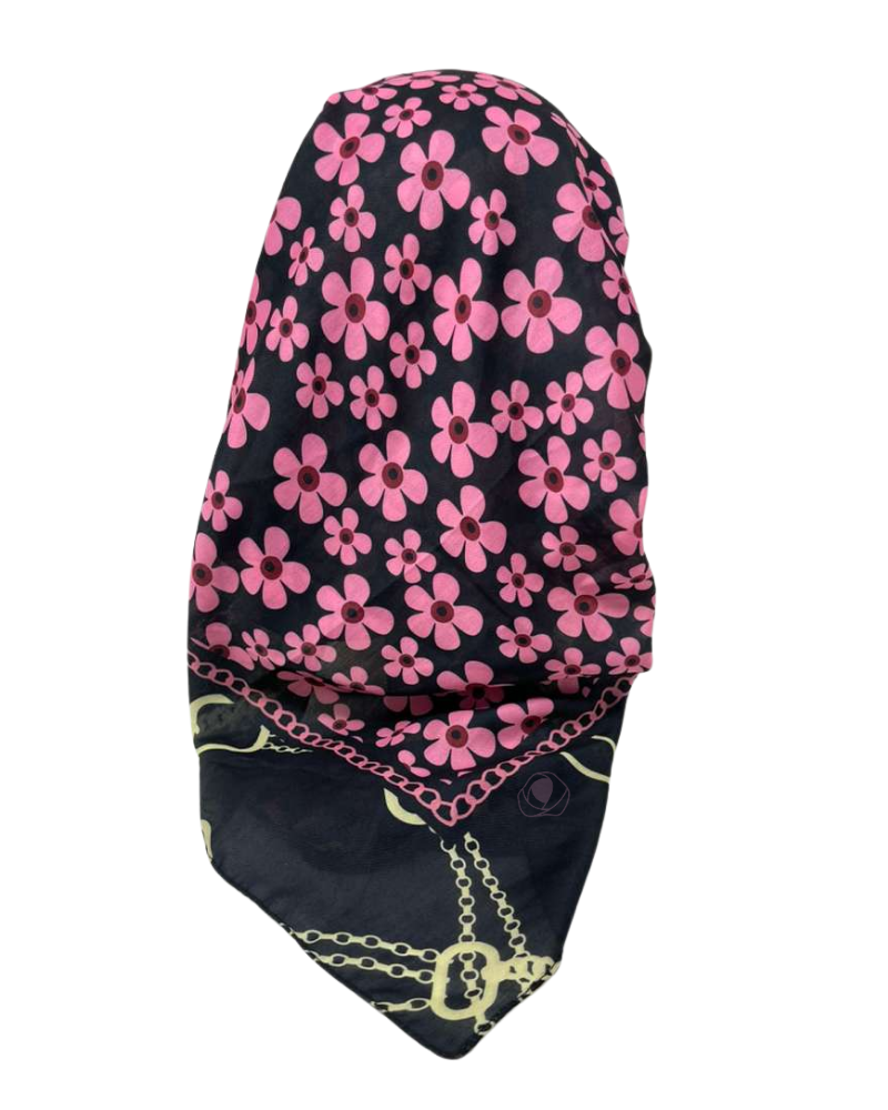 It's Younique OB-PI-FL Pink Flowers with Chain Border Pre-Tied Open Back Bandanna with Velvet Grip Myselflingerie.com