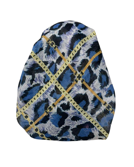 It's Younique OB-SHIM-LECH Shimmer Bright Blue Gold Chains Pre-Tied Open Back Bandanna with Velvet Grip Myselflingerie.com