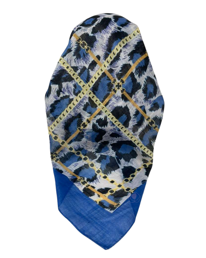It's Younique OB-SHIM-LECH Shimmer Bright Blue Gold Chains Pre-Tied Open Back Bandanna with Velvet Grip Myselflingerie.com