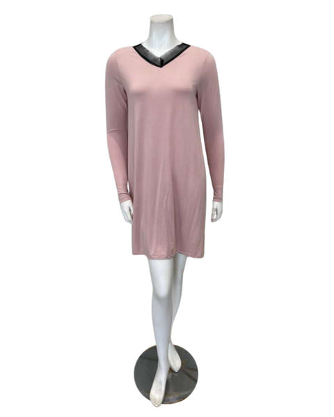 Jackie O'Loungewear Pink V Neck Lace Long Sleeves Modal Nightshirt Myselflingerie.com