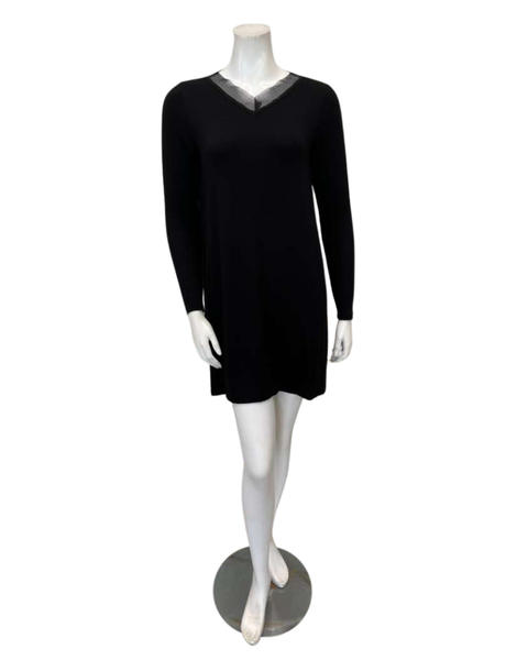 Jackie O'Loungewear Black V Neck Lace Long Sleeves Modal Nightshirt Myselflingerie.com
